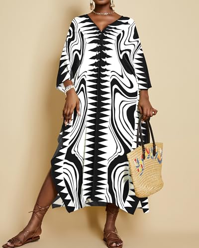 Bsubseach Kaftan Dresses for Women Geometric Print Caftan Long Beach Swimsuit Cover Up Loungewear Dress3