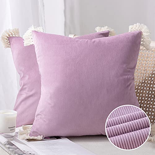 Phantoscope Pack of 2 Corduroy Soft Pillow Covers Decorative Striped Velvet Throw Pillows with Cotton Tassels Ultra Solid Cushion Covers Pillowcases, Light Violet 18 x 18 Inches