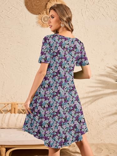 Image of DEARCASE Summer Dresses for Women V-Neck Short Sleeve T Shirt Dress Casual Flowy Swing Beach Vacation Mini Sundress