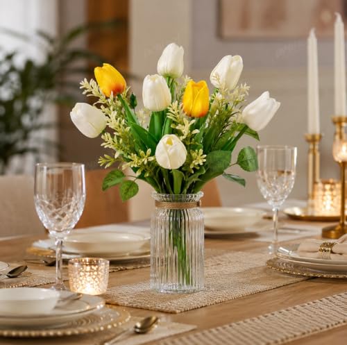 Image of Divyakosh Artificial Flowers Bunch (Vase Not Included). Artificial Flower for Vase Flower Bouquet Gift White & Yellow Mix Artificial Tulip Bouquet for Living Room Office Dining Table