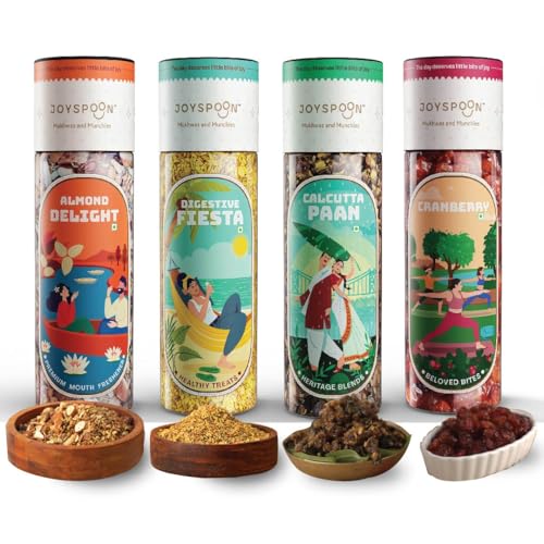 Image of JoySpoon Mukhwas Combo Pack | Cranberries, Calcutta Paan, Almond Delight & Digestive Fiesta | Supari-Free Mouth Freshener | No Artificial Colors or Preservatives | After-Meal Digestive Snack | 4x100g