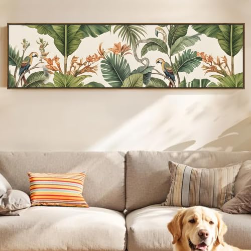 Image of PAINTINGMANTRA Amazonia Macaw Foliage Panel Cancas Wall Art Painting For Living Room Tropical Jungle Wall Decor Horizontal Wall Art Botanical Nature Large Framed Painting Living Room Decoration Vibrant Colorful 33x119 cm