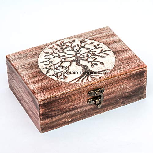 Image of Antique Handmade Wooden Urn Tree of Life Engraving Handcarved Jewellery Box for Women-Men Jewel | Home Decor Accents | Decorative Boxes | Storage & Organiser (7 inch x 5.5 inch x 3.5 inch, Tree - 3 White)