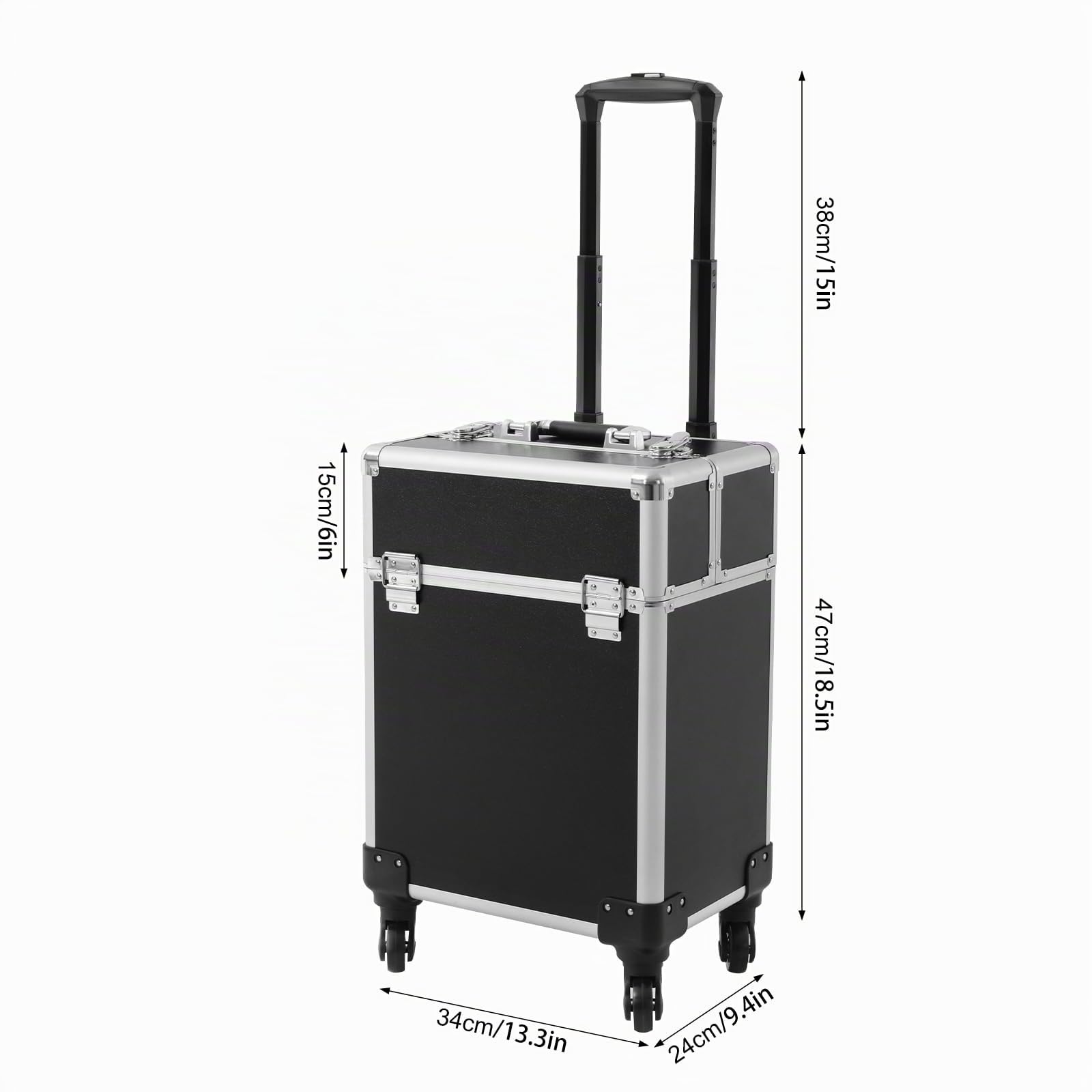 Valigetta professionale per cosmetici Colore nero Con 4 ruote rimovibili e angoli di protezione 34 x 24 x 47 cm Ideale per trucchi truccatori, design unghie e viaggi