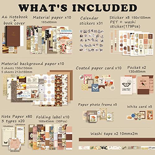 RANUR 346pcs Vintage Aesthetic Scrapbook Kit with Stickers, Art Bullet Junk Journal Kit with Journaling or Scrapbooking Supplies Journal Planners Paper Stickers Craft Notebook Collage (Brown)