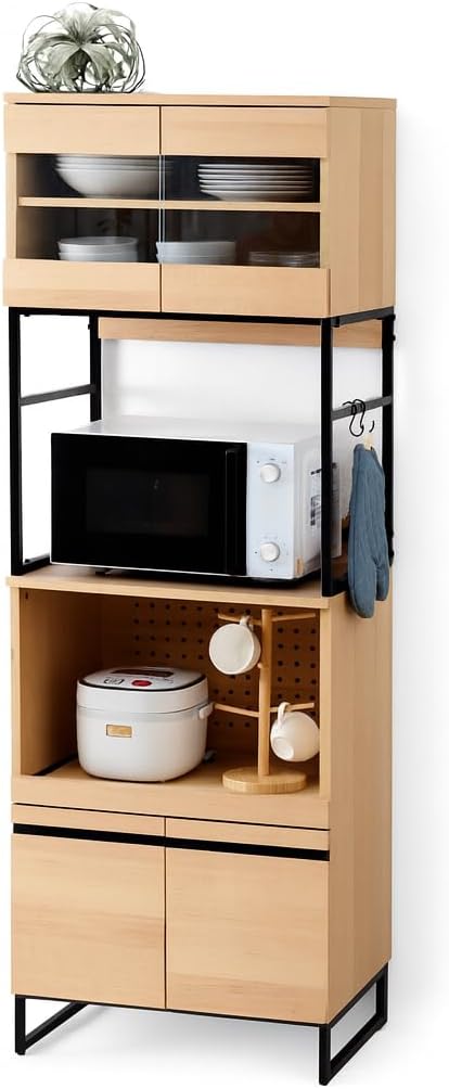 食器棚(幅90cm) 木製キッチンキャビネット ラタン調カップボード ロー