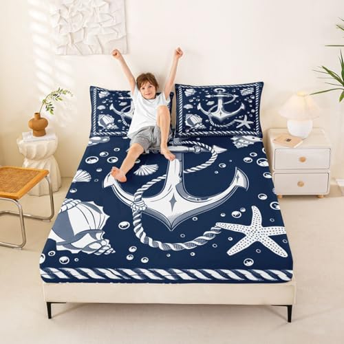 Image of jejeloiu Nautical Theme Bed Sheets Sets Full Size Kids Boys Girls Compass Anchor Decor Bedding Set Ocean Shells Starfish Bed Sheet Set with 16-Inch Deep Pockets 4Pcs with 2 Pillow Cases