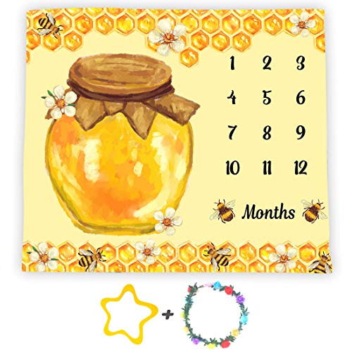 Image of F-FUN SOUL Monthly Milestone Blanket, 48x40in, Bees Baby Blanket Honey Honeycomb Nursery Blankets, Newborn Mom Gifts, Baby Shower Age Growth Tracker with Bonus Maker