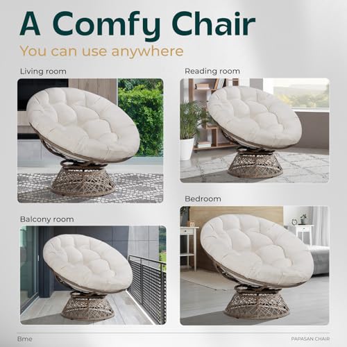 Image of Bme Ergonomic Wicker Papasan Chair with Soft Thick Density Fabric Cushion, High Capacity Steel Frame, 360 Degree Swivel for Living, Bedroom, Reading Room, Lounge, Arctic Snow - Brown Base