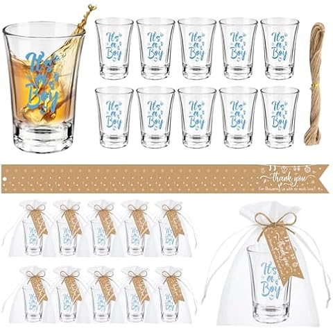 IANFEPH 50 Sets Baby Shower Favors Gender Reveal Shot Glasses Baby Boy Theme Party Gift for Guest Include Acrylic Clear Shot Glasses Thank You Tag Organza Bag Party Supplies for Gender Reveal (Boy) Cover