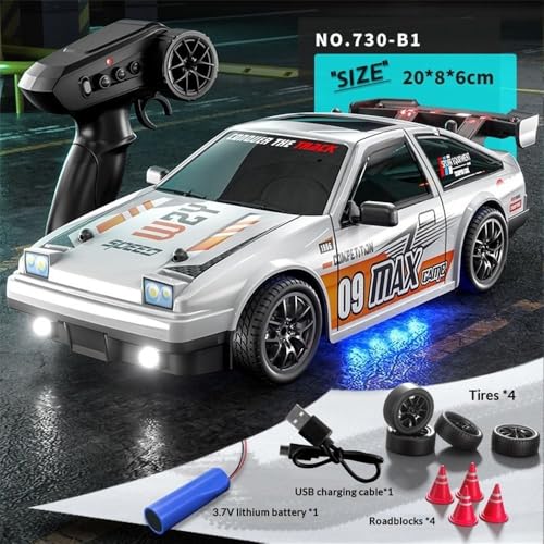 Image of Rc Drift Remote Control Car 1:16 Scale, High-Speed, 4Wd, Led Lights, Rechargeable Racing Car, Drifting Tires, 2.4Ghz, for Kids (1:16 RC Drift - White)