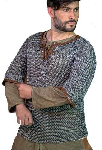 THE MEDIEVALS 10 MM ID Butted Chainmail Hauberk Front Open Full Sleeve Shirt Mild Steel - Natural Oiled Finish, X-Large