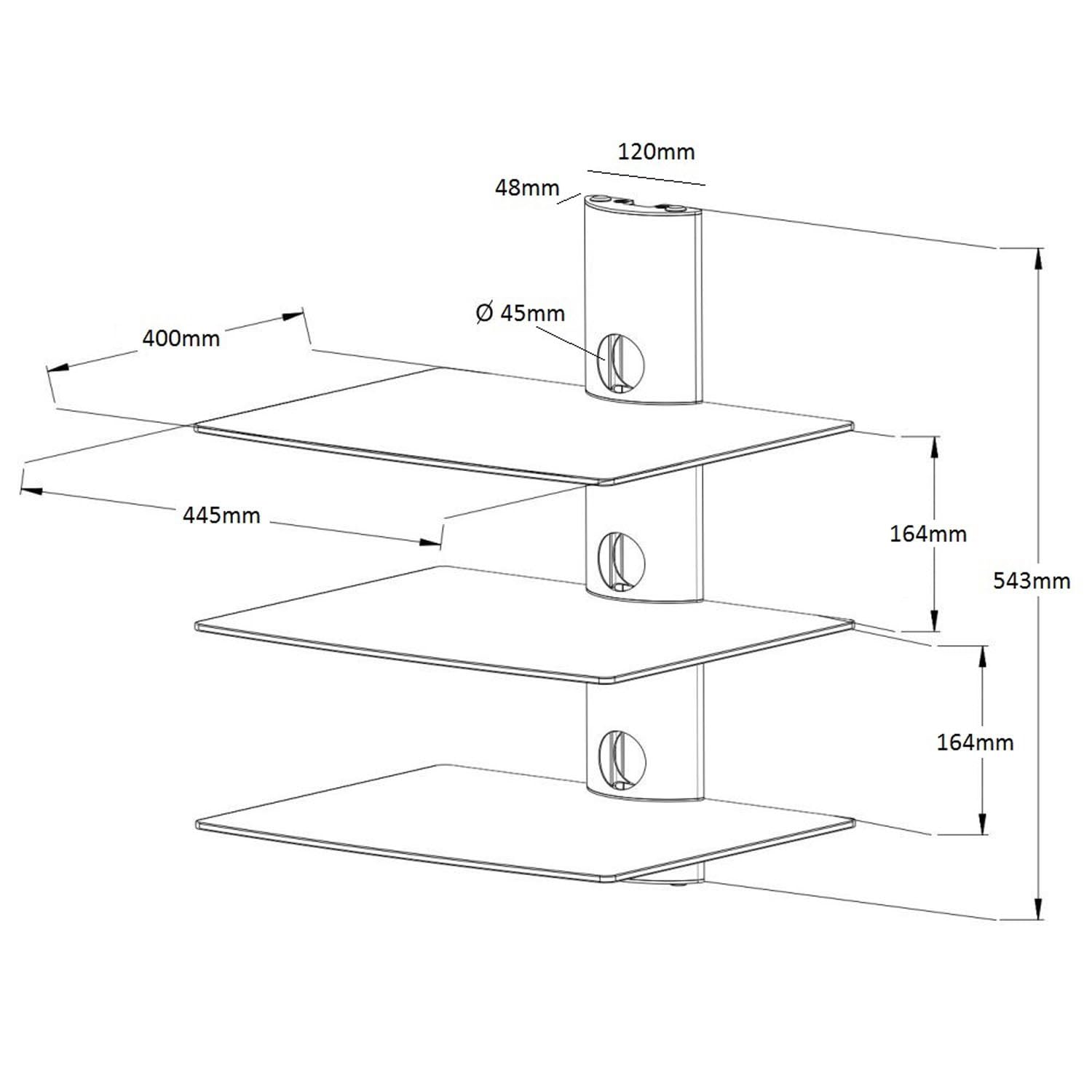 NEG Suspender 503S HiFi-Regal Wandregal, Silber, 3 Glas-Ablagen | Konsolen-Rack, Schwebend, Transparent, Kabelmanagement-System