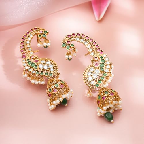 Image of Rubans Jhumka Earrings Kundan and Pearl Traditional Festive Jewellery Gift for Women & Girls