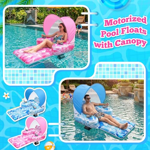 ShinyRelief 2 Pack Motorized Pool Float with Canopy, Inflatable Pool Lounger Floaters for Adults with Cup Holder Dual Motor Heavy Duty Electric Lounger Raft for Lake Party Summer Beach(Blue Pink) - image 6