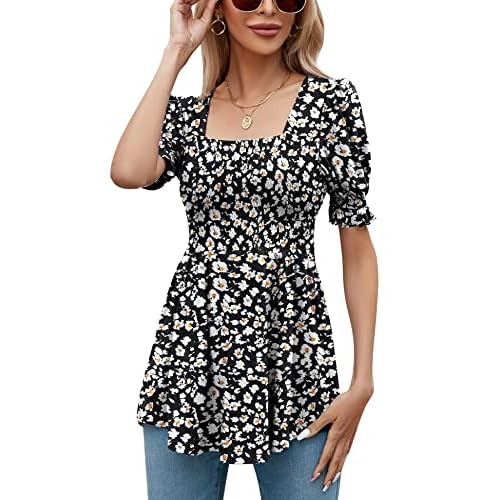 LOMON Women's Tunics Square Neck Puff Short Sleeve Smocked Top Ladies Peplum Blouse Tee Shirts 2025 Spring Summer S-XL Black & Pink Floral Short Sleeve Shirts Small