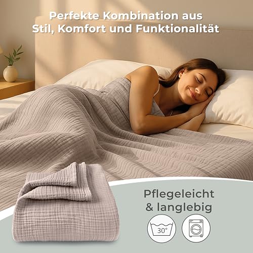 LAYNENBURG Premium Musselin Tagesdecke 180x220 cm - 100% Baumwolle - extraweiche Baumwolldecke als Kuscheldecke, Bett-Überwurf, Sofa-Überwurf, Couch-Überwurf - warme Sofa-Decke (Taupe)