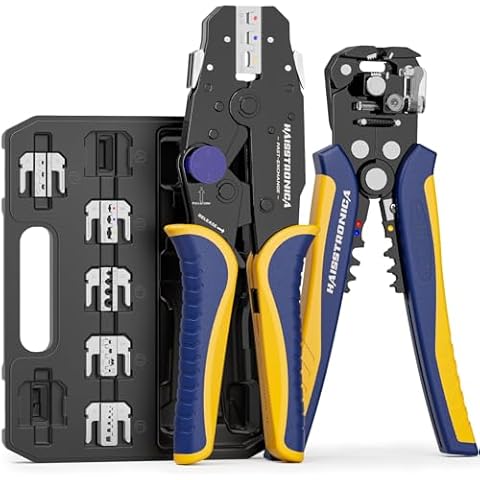 Haisstronica 8PCS Rapid Replace Ratchet Crimping Tool Set with Pressure Regulating, Automatic Wire Stripper Heat Shrink, Non-Insulated, Open Barrel, Solar, Ferrule Connectors Cover