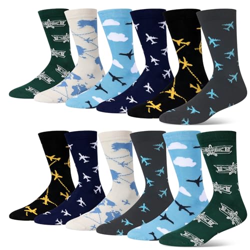Halfchet 6 Pairs Novelty Airplane Crew Socks for Men Funny Plane Pilot Aviation Gifts for Men Birthday Gifts(Novelty Airplane)