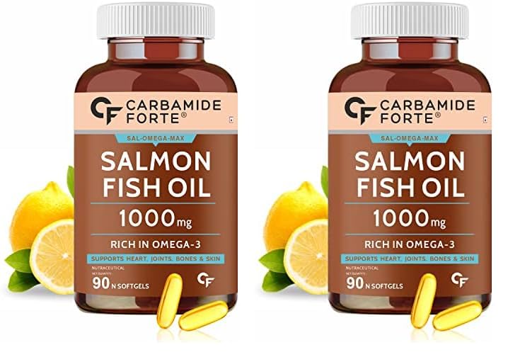 Carbamide Forte Salmon Fish Oil Omega 3 Capsule 1000 mg | 90 Softgel Capsules | EPA 180 mg & DHA 120 mg | Supports Heart, Joints, Bones & Skin (Pack of 2)
