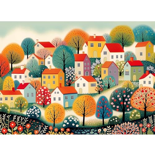 Puzzle de 500 piezas para adultos y personas mayores, arte popular colorido con encantadoras casas y flores, juego de rompecabezas para ejercitar la mente, decoración para el hogar, regalo de cumpleaños