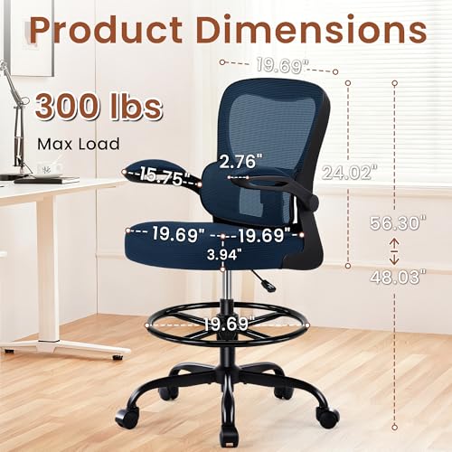 Image of AreShark Drafting Office Chair - Ergonomic Tall Office Chair with Adjustable Footrest Ring - Counter Height Adjustable Rolling Standing Desk Chair with Lumbar Support and Flip-up Armrests for Home
