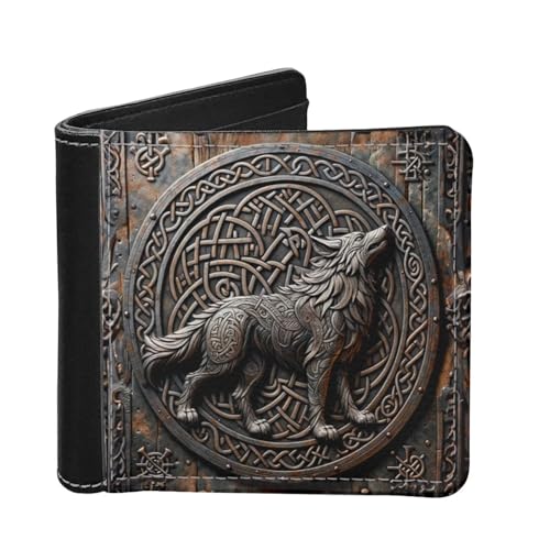 LedBack Carteira masculina fina de couro PU com duas dobras e porta-cartão de crédito, Lobo viking