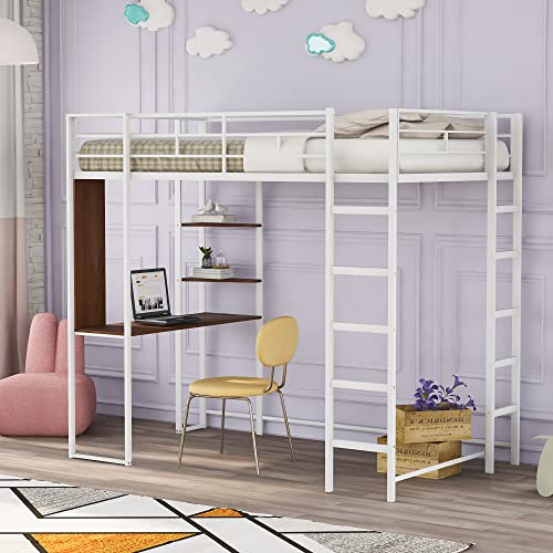 sofutoo Twin Metal Loft Bed for Space-Saving Comfort, Includes 2 Shelves and Desk, Stylish White Finish