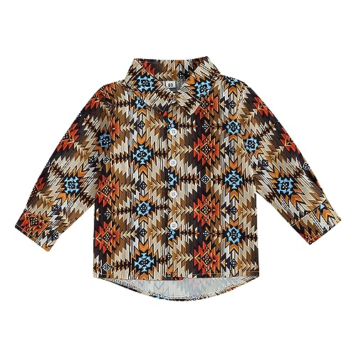 Image of Western Baby Boy Clothes Button Down Long Sleeve Dress Shirt Toddler Country Cowboy Shirts Top (Brown, 12-18 Months)