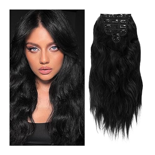 Extensiones de cabello de clip sintéticas, set de 6 piezas onduladas de 22 pulgadas negro natural