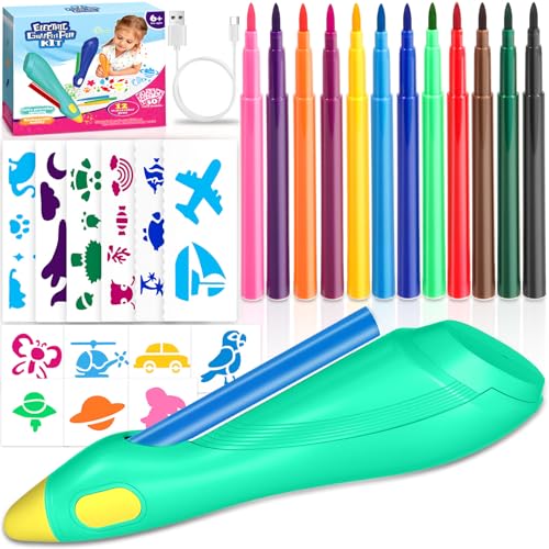 ZZXLOPEZ Airbrush Set für Kinder, Elektrischer Farbsprühstift, Airbrush-Stift für Kinder, 12 Farben zum Sprühen, 30 Schablonen, Sprüh-Graffiti-Stifte, Airbrushset, Geschenke für KindeR(Cyan)