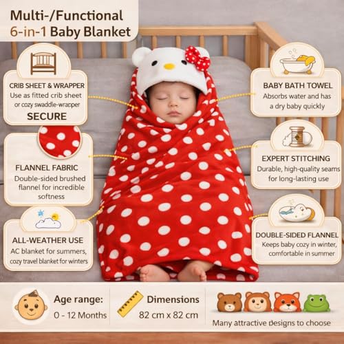 Image of First Kick New Born Baby Blanket Pack of Super Soft Bathrobe Wrapper Bath Towel for Boys, Girls, Babies (Red Polka, Length 82 cm x Width 82 cm, 0-12 Months)