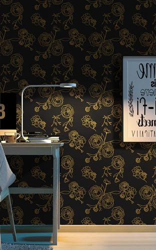 Timeet Self Adhesive Wallpaper Black Contact Paper Golden Rose Floral Line Print Peel and Stick Wallpaper 44x1000cm Removable Sticky Back Plastic Roll Waterproof Vinyl Film for Furniture Wall Cabinets