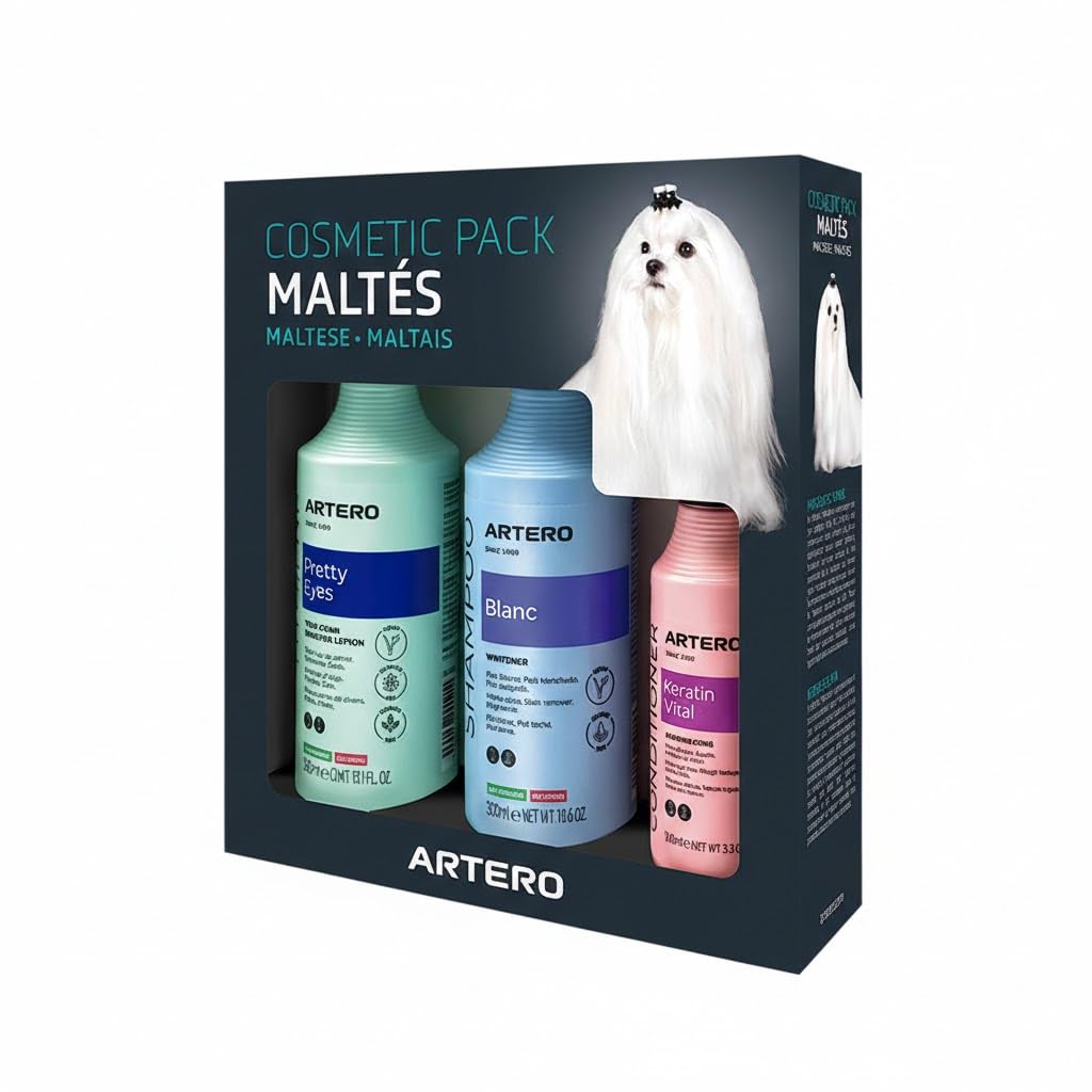 Artero Pack Productos Bichón Maltés – Champú Limpiador de Ojos y Mascarilla para Perros de Pelo Blanco, Hidratación, Brillo y Cuidado Profesional del Manto