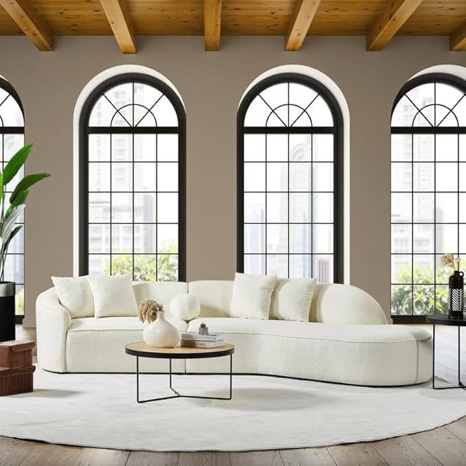Image of 110.24 inch Modern Futuristic J- Style Curved Velvet Sofa, Sectional Sofa Round Arm with Soft Pillow for Living Room, Bedroom, Hallways Colour (Off-White T1J)