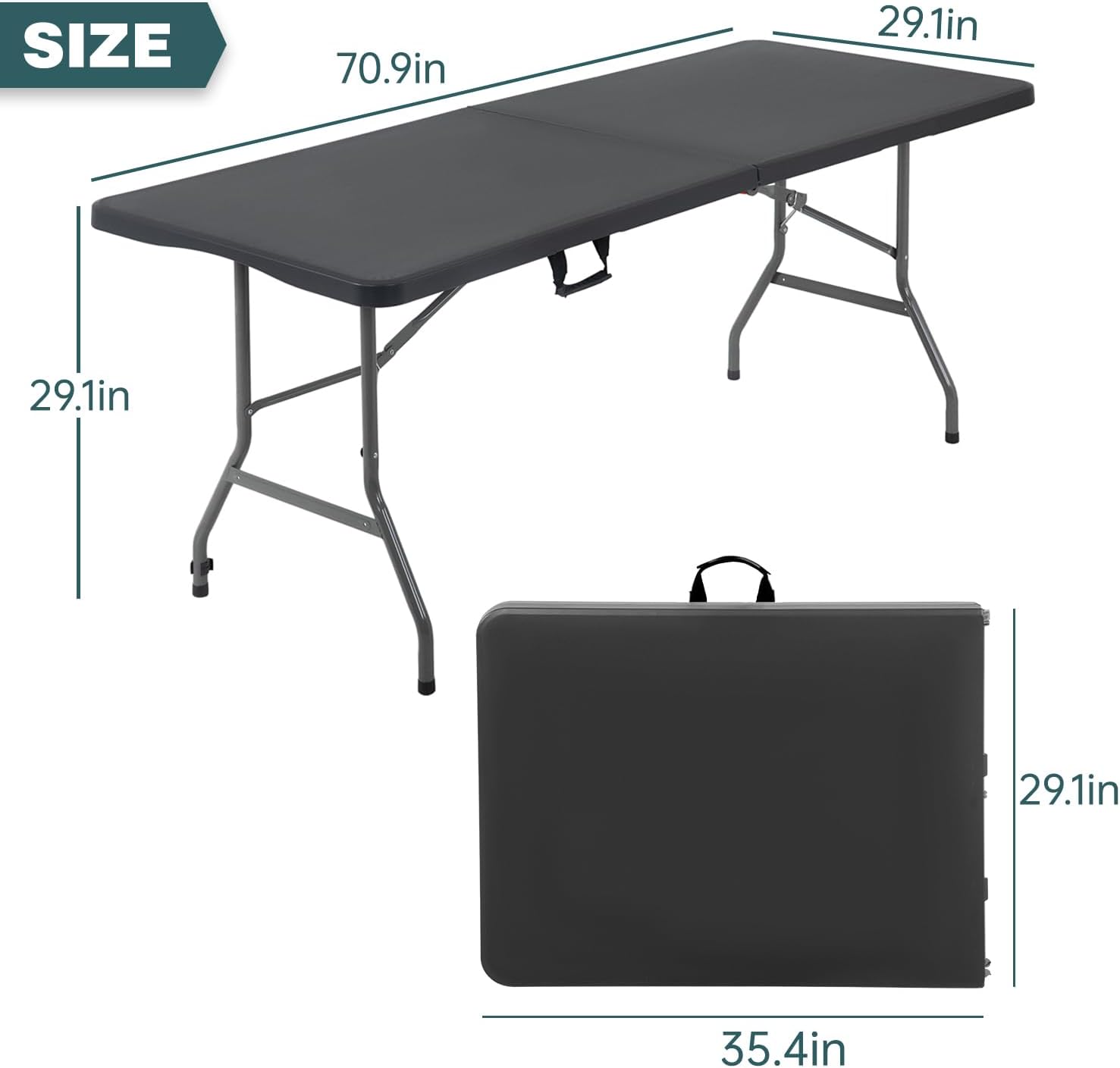 FDW 6 Foot Outdoor Dining Table, Foldable Portable Rectangular Plastic Folding Table with Built in Carrying Handle for Party and Wedding Use, Black