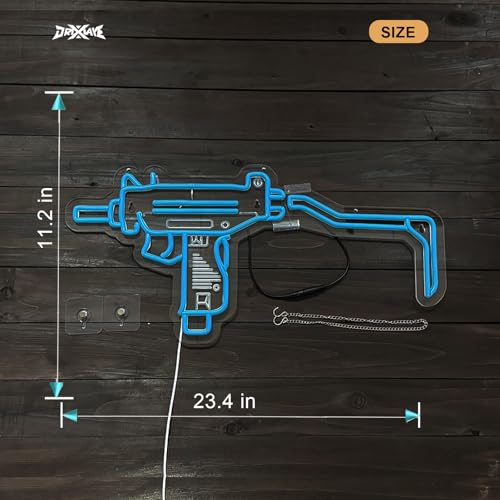 Image of Gun Neon Sign UZI Sign for Wall Decor Large Size(23.4x11.2 Inch) Smart plug timer compatible USB Powered Man Cave Bedroom Decor