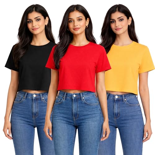 Image of Hangout Hub Women Crop Top T-Shirts | Round Neck Plain Solid Tshirts | Double Weaved | Shrink Free Tees | Casual T-Shirt for Woman Ladies Girls(Cotton|Pack of 3)