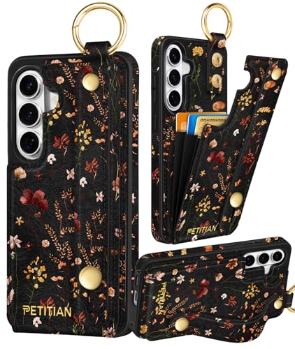 Petitian for Samsung Galaxy S26 Case with Wallet - Women Girls Cute Girly Aesthetic Unique Design Leather Credit Card Holder Cardholder Stand Wristband for S26 Grow Flower