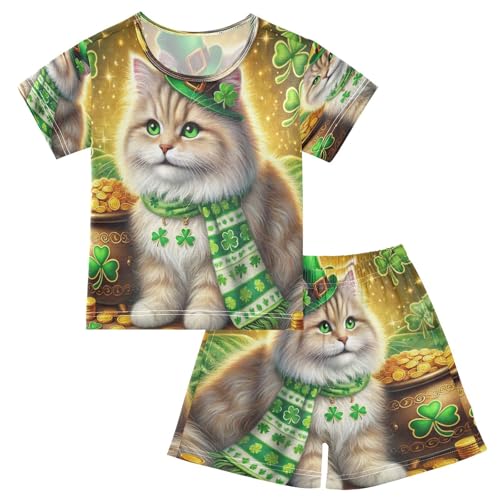 Cat St Patricks Gold Coins Pajama Set Short Sleeve Pajamas Shorts Sets Cotton Soft Loungewear Sleepwear 5Y