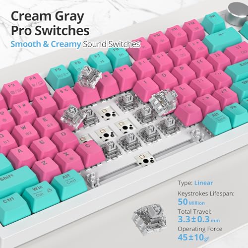 Image of 75% Wireless Creamy Mechanical Keyboard, Hot Swappable Custom, RGB Backlit Gasket Gaming, 2.4G /BT5.0 /USB-C, Pink Mechanical Keyboard, Pre-lubed Linear Gray Cream Switches