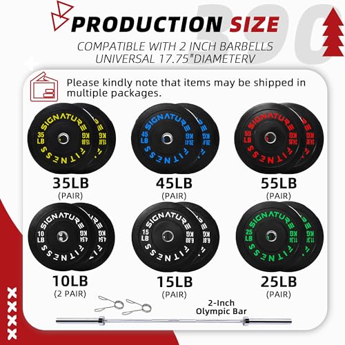 Image of Fitvids 2-Inch Olympic Rubber Weight Plates Set with 7ft Bar, Bumper Plates Set with Barbell for Strength Training, 390 Lbs Set, Color