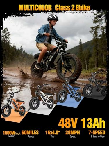 Image of 1500W Peak Electric Bike for Adults, 28MPH 48V 13Ah Removable Battery, 60 Mile Range, 16 inchx4.0 inch Fat Tire, 7-Speed E-Bike with Dual Suspension - Commuter Ebike for Men & Women
