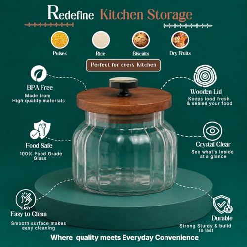 Image of Bubble Glass Jar with Wooden Lid | 980ml | 5x5x5.5 inches | Airtight Stackable Kitchen Storage Container for Grains, Pulses, Cookies, Dry Fruits, Coffee & Snacks