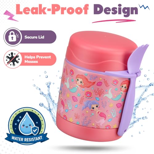Image of 10oz Soup Thermo for Hot Food Kids,Lunch Thermo Kids Food Jar with Spoon Hot Insulated Food Containers,Leak Proof Stainless Steel Wide Mouth Lunch Thermo Jar for School(Pink-Mermaid)