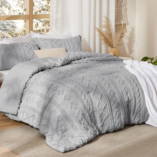 Image of Bedsure Tufted Boho Comforter Set Twin Size - Light Grey Boho Bed Set, GentleSoft 2 Pieces Farmhouse-Style Embroidery Bedding, Gifts for Woman, Soft Jacquard Kids' Twin Comforter for All Seasons