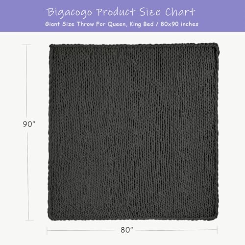Bigacogo Chunky Knit Throw Blanket for Couch, 80x90 inches, 100% Hand Knitted with Thick Jumbo Chenille Yarn, Cozy Soft Large Rope Knot Cable Crochet Blankets for Sofa Bed Living Room, Dark Grey