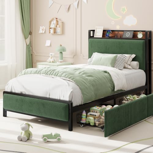 Image of GAOMON Twin XL Bed Frame with 2 Drawers and Charging Station, Green