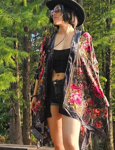 Image of Women's Burnout Velvet Kimono Long Cardigan Cover Up Casual Outfit