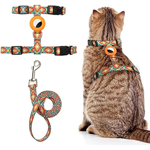 Cat Harness and Leash Escape Proof for Walking Travel Outdoor - Soft Nylon Adjustable Cute Cat Harness Leash Set with Airtag Holder for Small Large Cats Cover